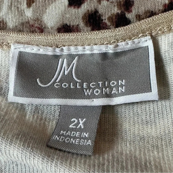 JM Collection 2X Shirt Top Brown Animal Print 3/4 Sleeve Scoop Neck Stretch Knit - Picture 5 of 6